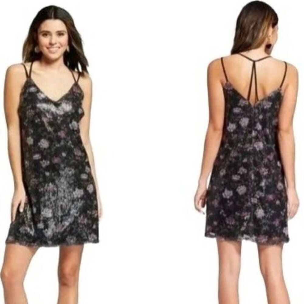 Xhilaration  Sequin Floral Rose Sleeveless Y Back Swing Mini Dress NWT